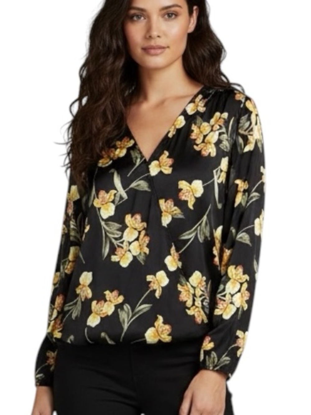 WHBM Faux Wrap Hi-Lo Hem Lightweight Floral Print Versatile Blouse Sz 10 | EUC